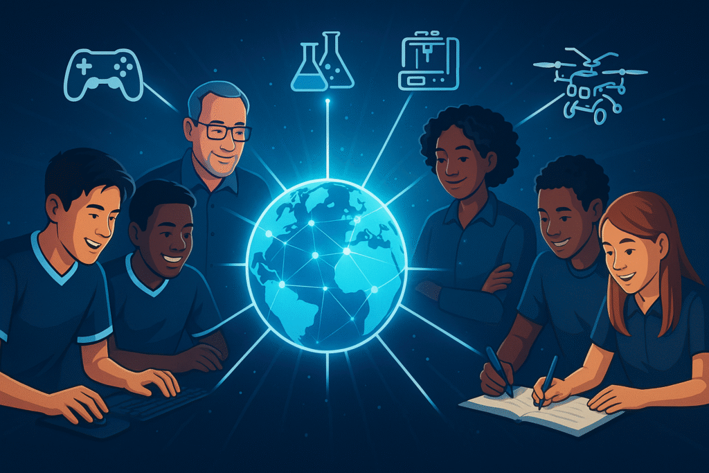Students and teacher collaborating around a glowing digital globe connected to STEM, ESports, drones, and Makerspace technology.