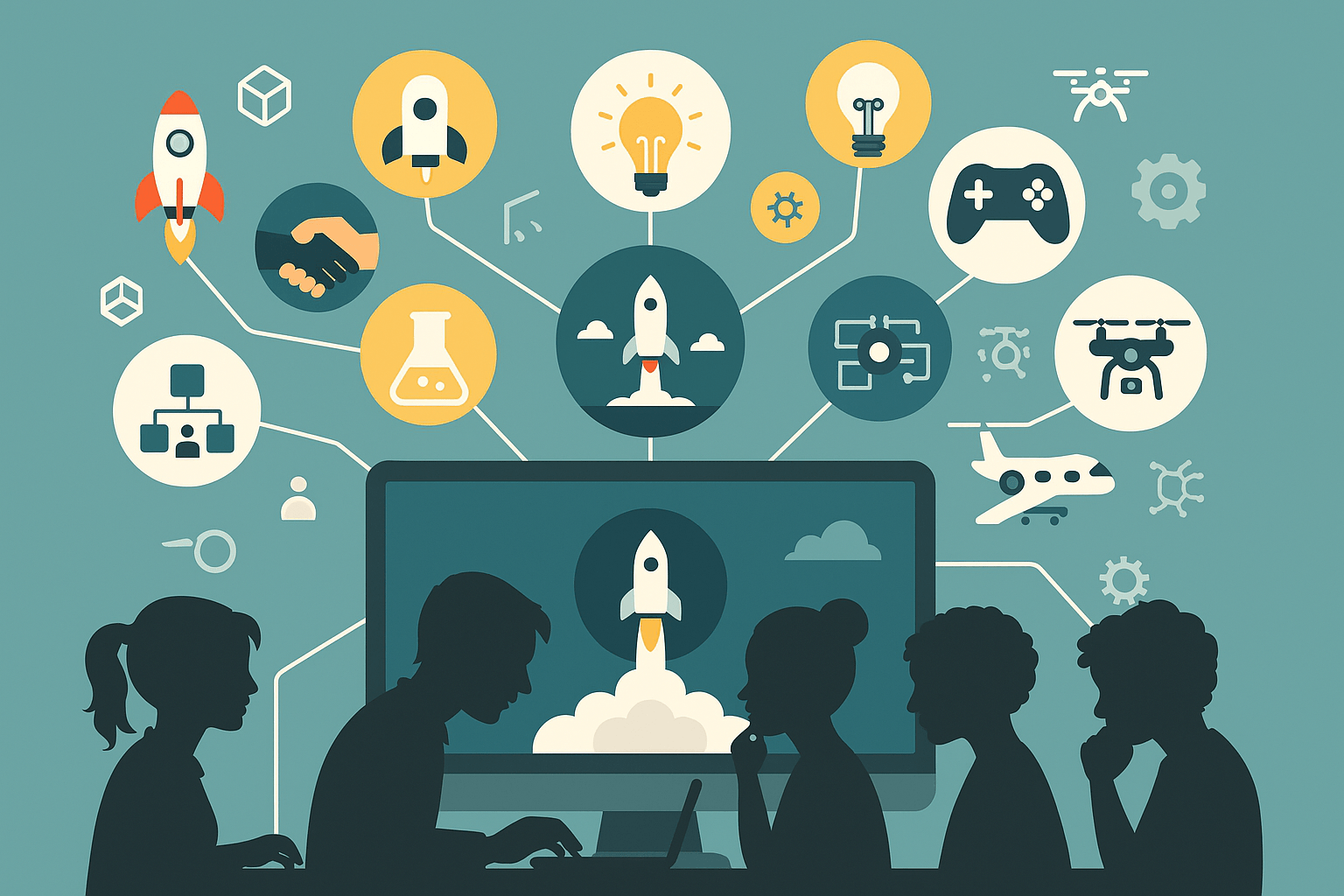 Students working at laptops with icons of rockets, science, drones, and technology representing curriculum development.