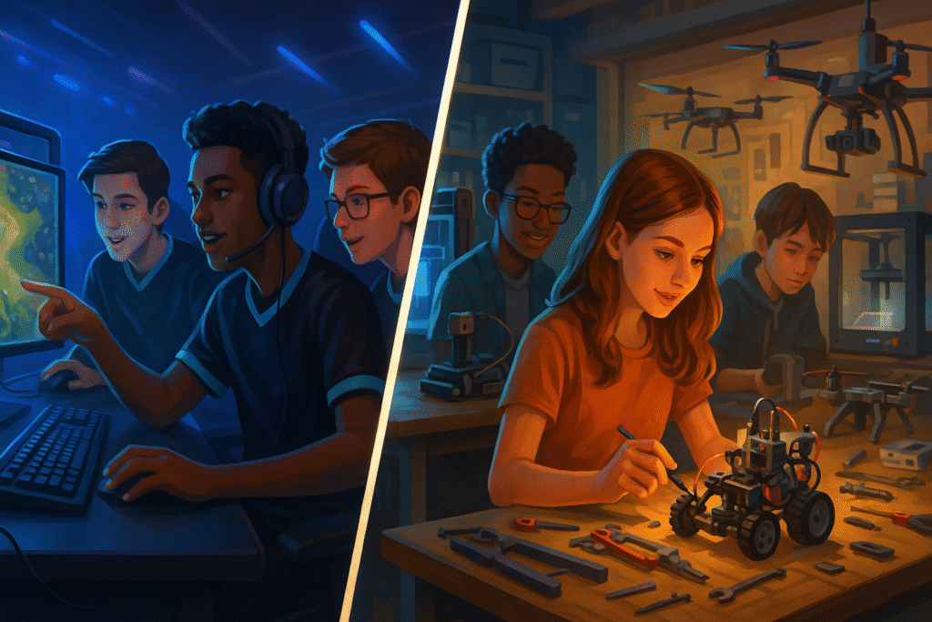 Students collaborating in ESports gaming and hands-on Makerspace robotics, highlighting STREAM education.