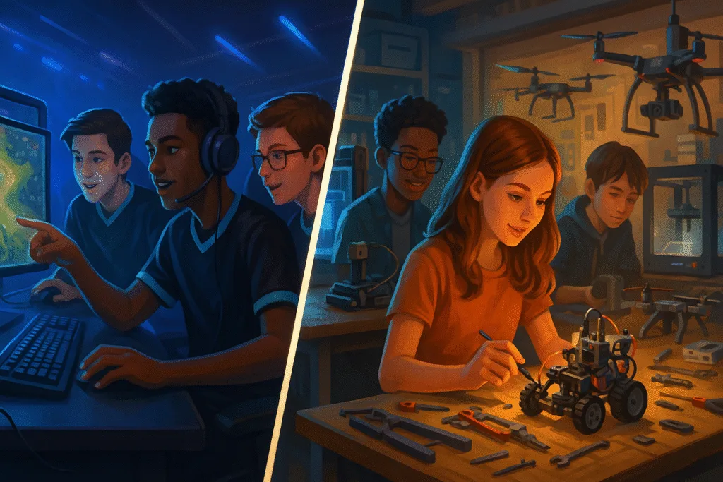 Students collaborating in ESports gaming and hands-on Makerspace robotics, highlighting STREAM education.