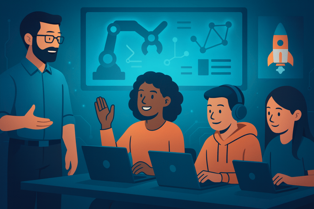 Teacher guiding students with laptops in a tech-focused classroom with robotics and rocket visuals.