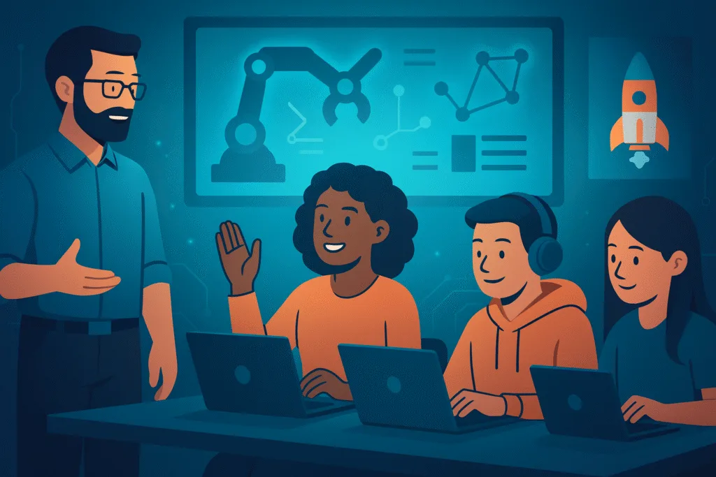 Teacher guiding students with laptops in a tech-focused classroom with robotics and rocket visuals.