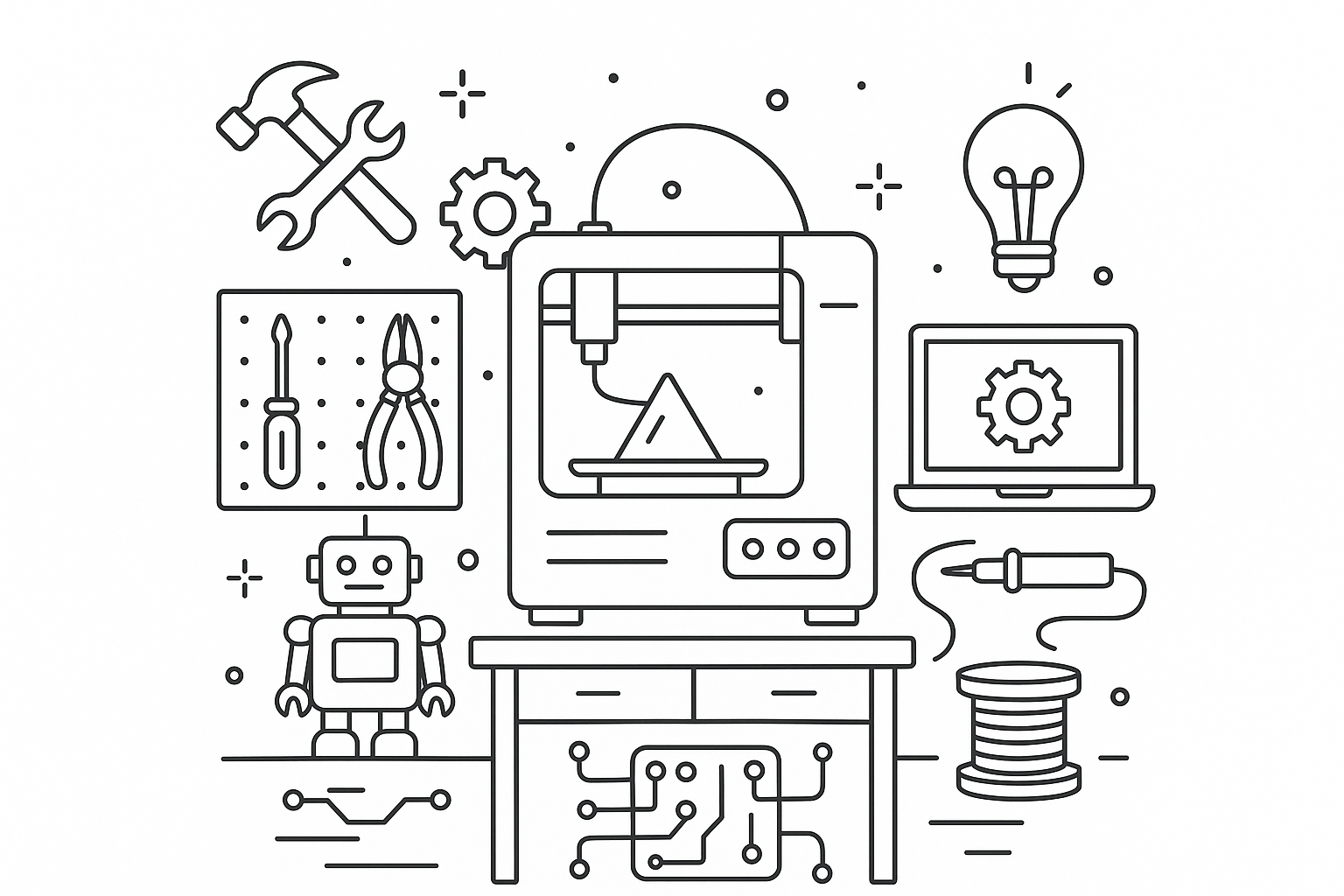 Line art of a 3D printer, robot, tools, and electronics representing Makerspace and technology integration.