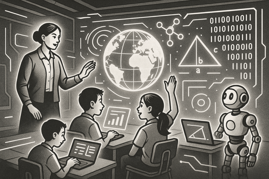 Teacher and students in a futuristic classroom with laptops, a glowing globe, math and science symbols, and a robot assistant.