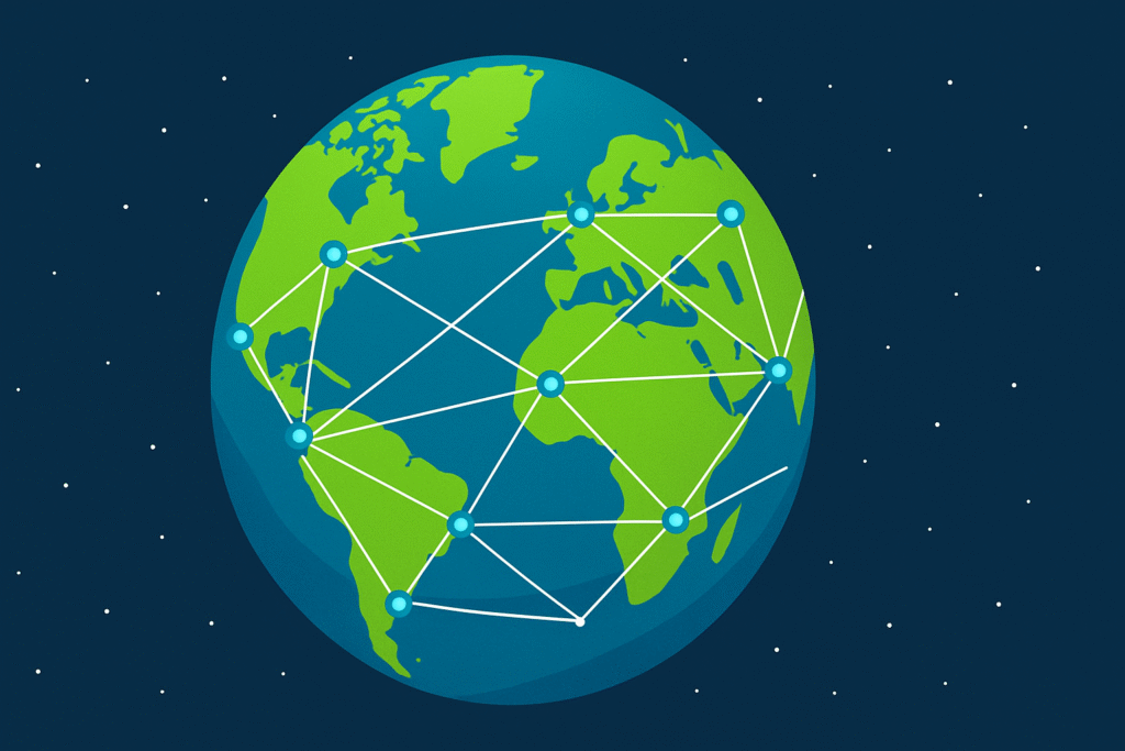 Globe with network connections linking continents, symbolizing global collaboration.