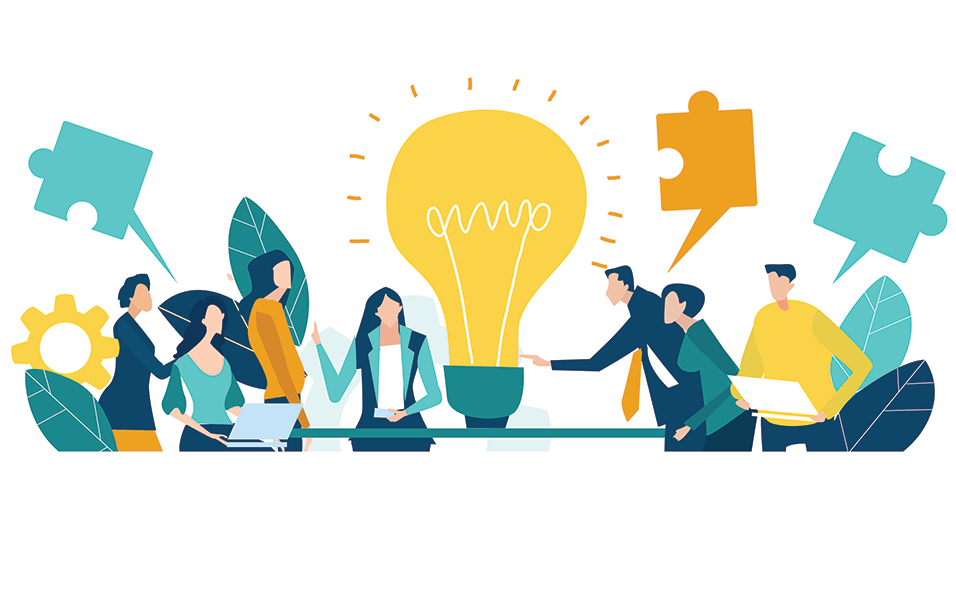 Team of professionals collaborating around a light bulb symbolizing innovation and shared ideas.